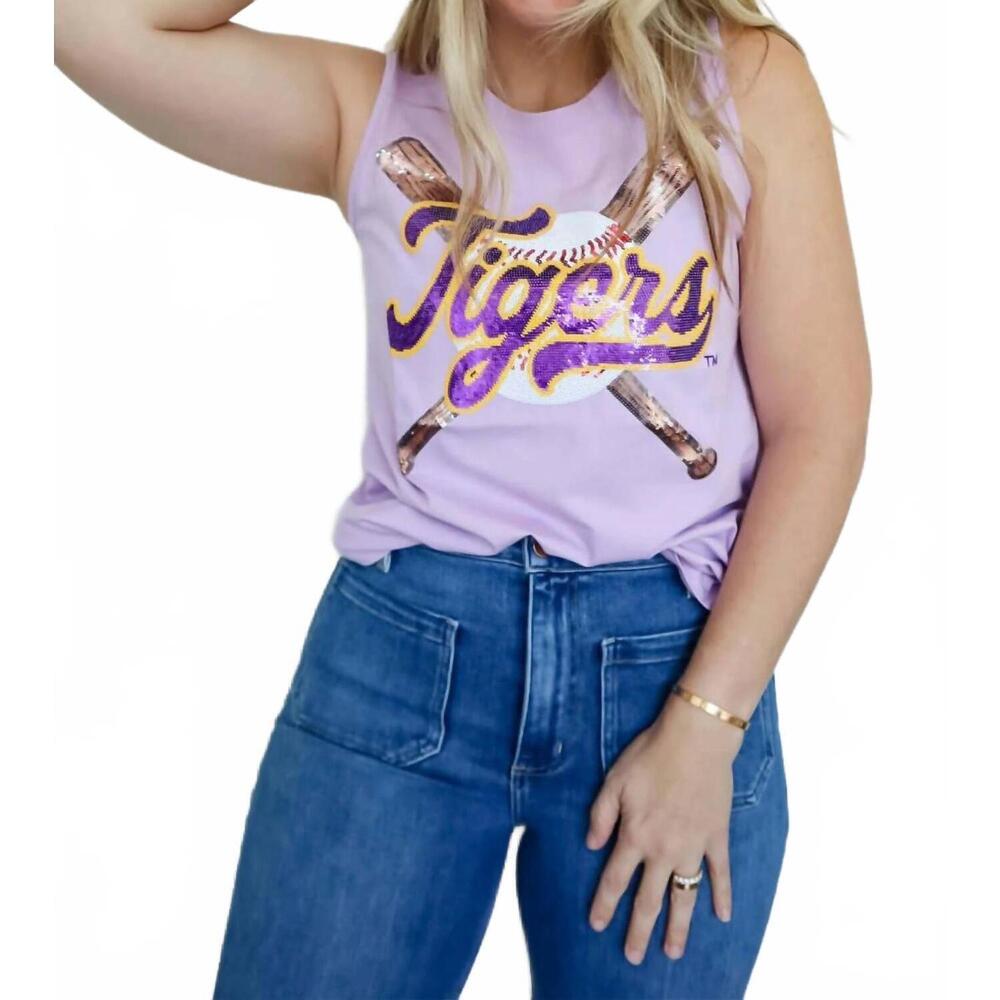 NEW BOMB lsu tigers criss-cross baseball bats sequin tank top in lavender